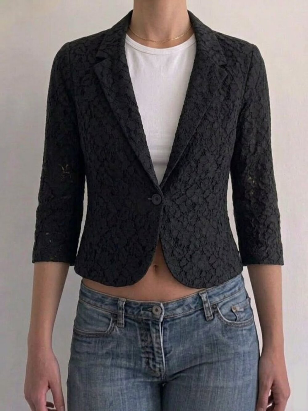 Groggy Montreal Black Cotton Lace Blazer, Archival Y2K Cyberpunk XS